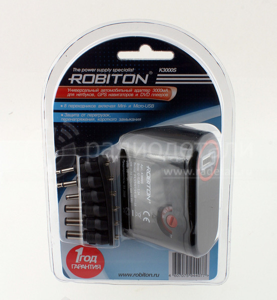Адаптер сетевой 3-1A (3-4,5-5-6-7,5-9,5V) в прикуриватель Robiton K3000S (сменные штекера) +USB 1A