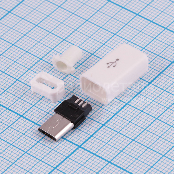 Штекер micro USB-B 5pin, на кабель (белый, черный) 4.027