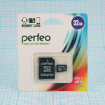 Карта памяти microSD 32GB, PERFEO High-Capacity (Class 10), чтение/запись 20/10Мб/с, с адаптером SD