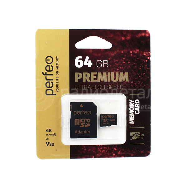 Карта памяти microSD 64GB, PERFEO Premium XC (Class 10), чтение/запись, 4K, с адаптером SD
