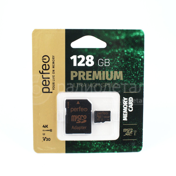 Карта памяти microSD 128GB, PERFEO Premium XC (Class 10), чтение/запись, 4K, с адаптером SD