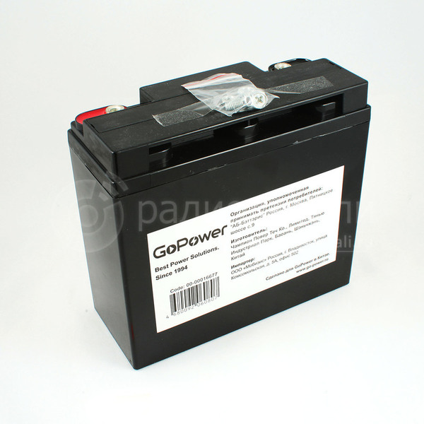 Аккумулятор свинцово-кислотный 12В, 18.0Ач (ШхВхТ,179х167х75мм) GoPower LA-12180