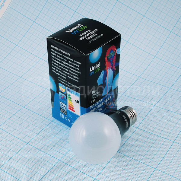 Светодиодная лампа УФ A60 E27 220V 9W 370-420nm UVLED LED-A60-9W/UVAD/E27/FR PLZ07BK Uniel