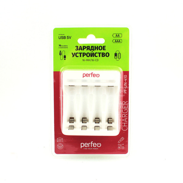 Зарядное устройство Perfeo PF-UN-410 (1- 4 АА/AAA Ni-Mh/Ni-Cd), питание от USB 5V, 1A