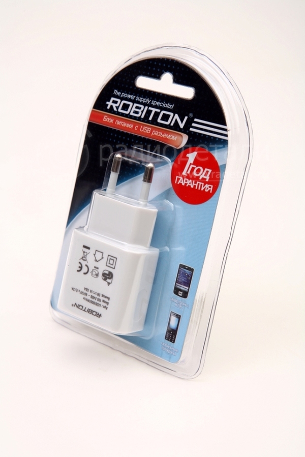 Адаптер сетевой/зарядное устройство с USB вых. 5V 1,0A Robiton USB1000 white