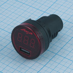 Вольтметр (цифровой) автомобильный 4,5-30В (врезной, красный), гнездо USB 5V, 2A