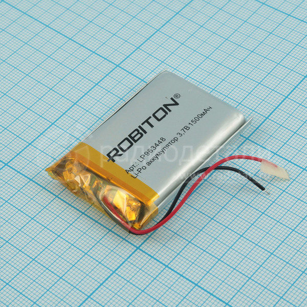 Аккумулятор LP963448 3.7V 1500mAh (9.6х34х48мм) с защитой, с выводами, Robiton