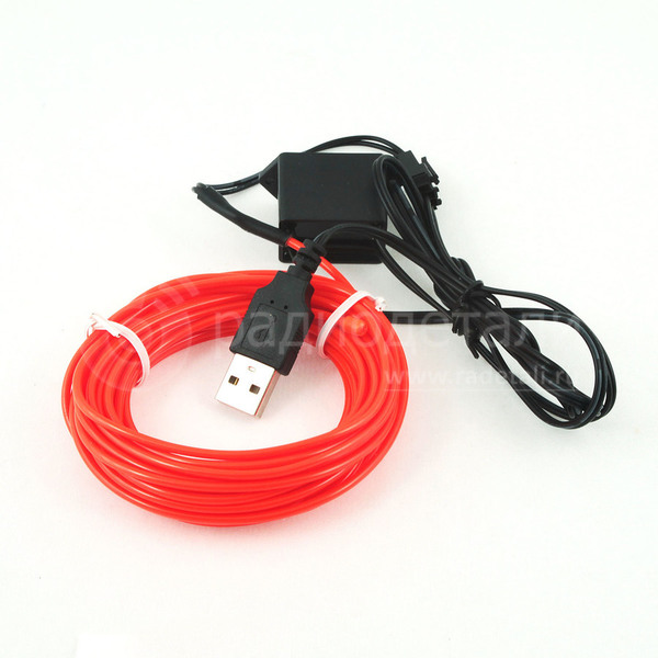 Гибкий неон Красный 5В 5 метров, питание USB